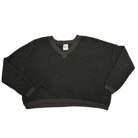 Planet by Lauren G Sweater Cotton V Neck Cropped‎ Dropped Shoulders Box Weave OS - Picture 1 of 7